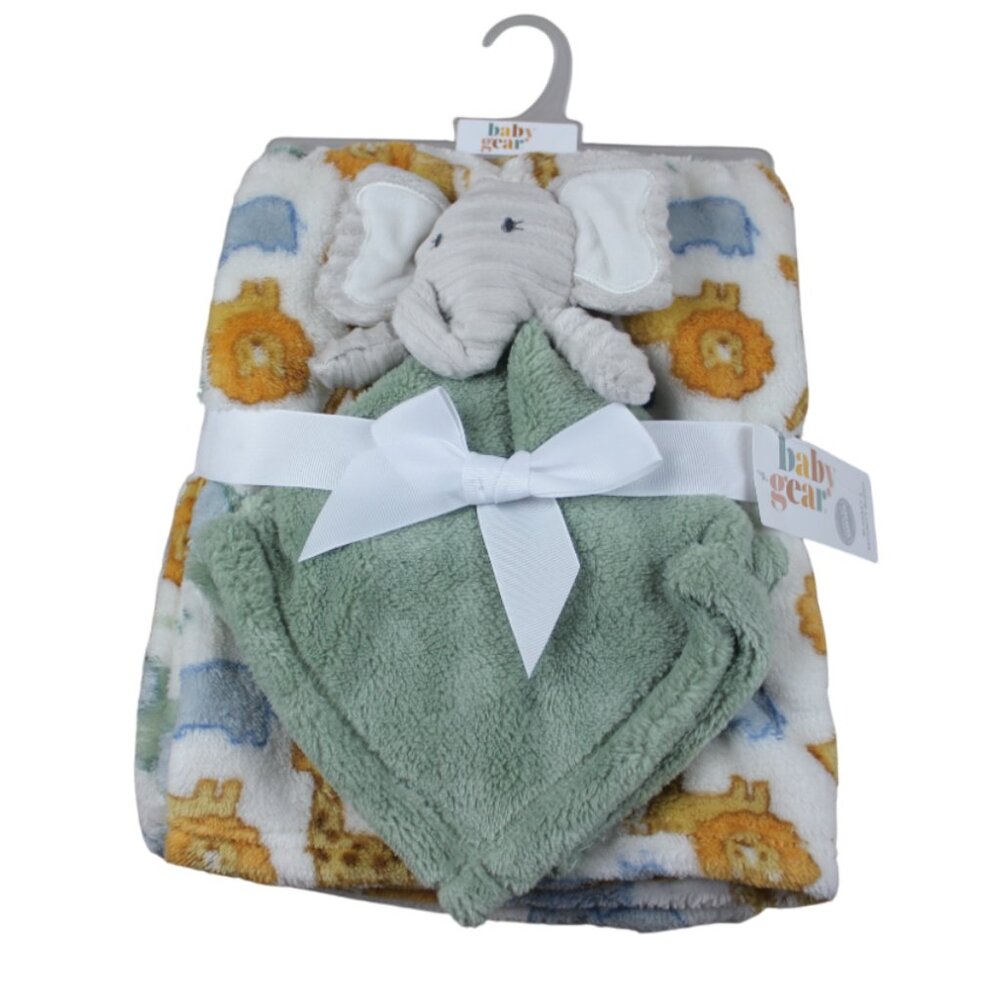 Baby Gear Elephant Safari Security Blanket Fleece Set Green Ivory Boys Lovey NWT